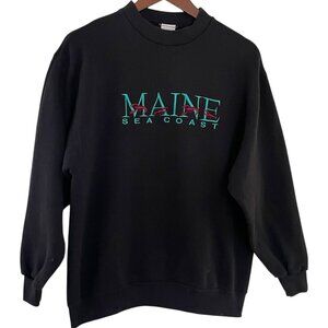 Vintage 90s Maine Seacoast Sweatshirt Large Black Crewneck Embroidered Lobsters